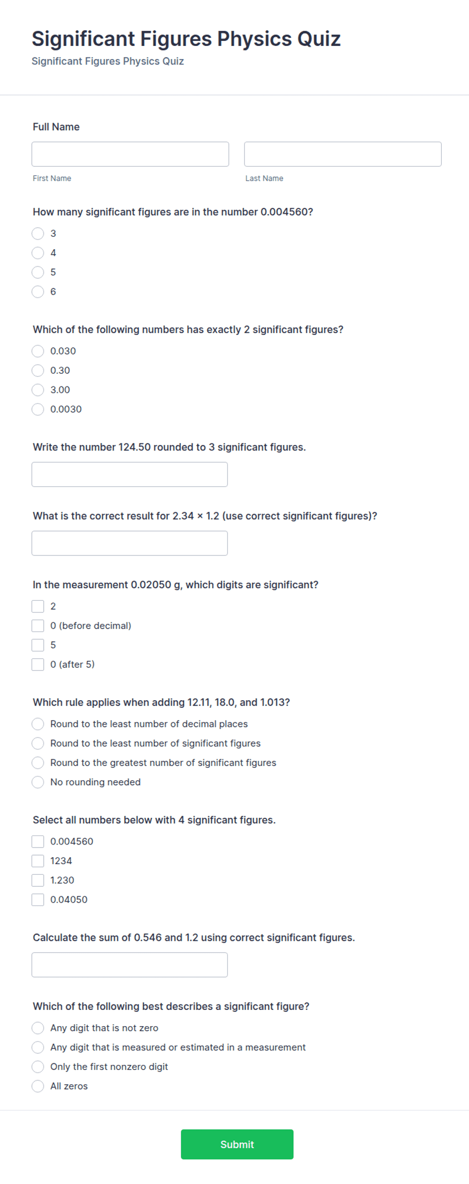 Significant Figures Physics Quiz Form Template | Jotform