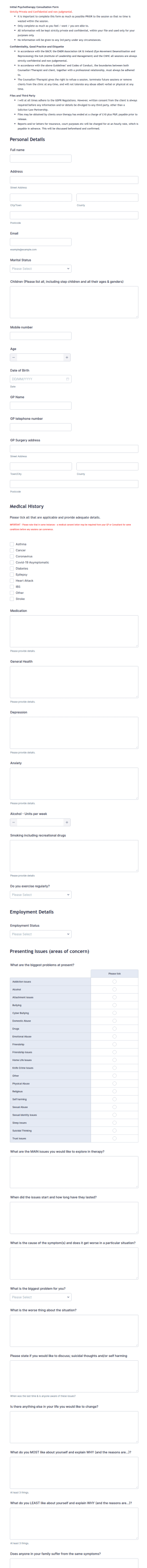 Initial Psychotherapy Consultation Form Template