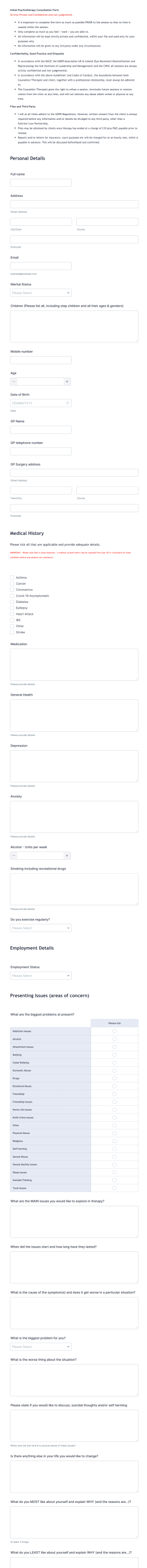 Initial Psychotherapy Consultation Form Template