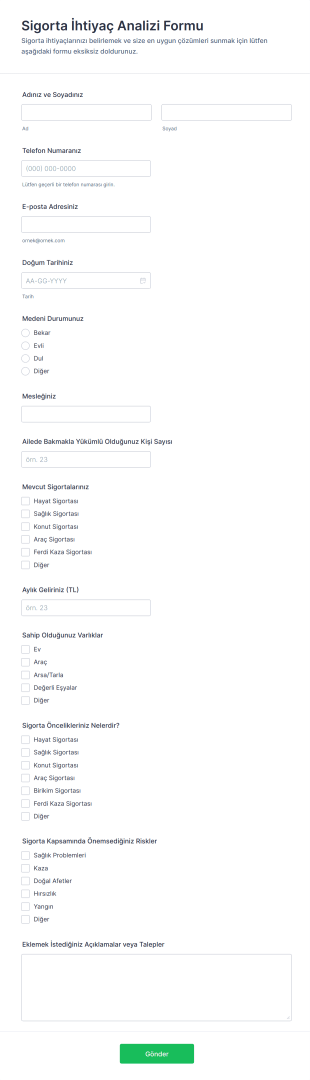 Sigorta İhtiyaç Analizi Form Şablonu
