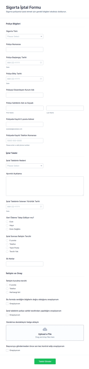 Sigorta İptal Talep Form Şablonu