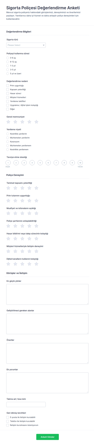Sigorta Poliçesi Değerlendirme Anketi Form Şablonu