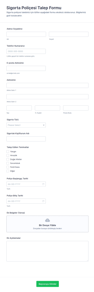 Sigorta Poliçesi Talep Form Şablonu