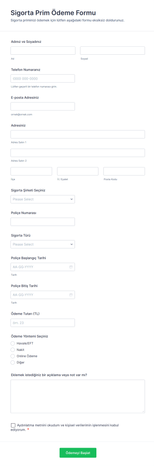 Sigorta Prim Ödeme Form Şablonu