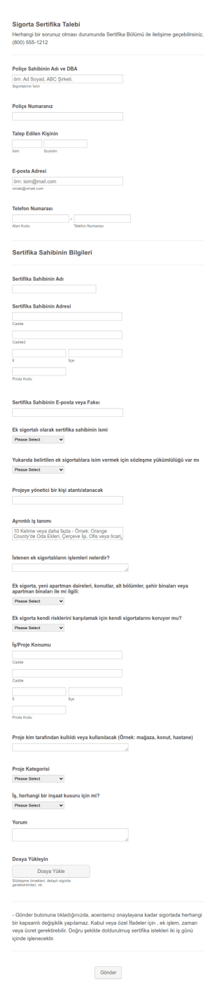 Sigorta Sertifikası Talep Form Şablonu