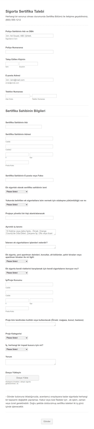 Sigorta Sertifikası Talep Form Şablonu