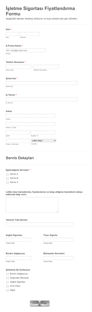 Sigorta Teklif Form Şablonu