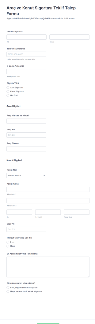 Sigorta Teklifi Talep Formu 🎯🚗🏠 Form Şablonu