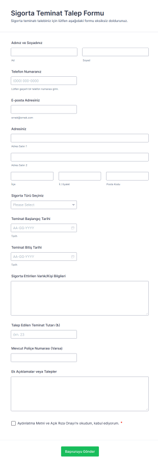 Sigorta Teminat Talep Form Şablonu