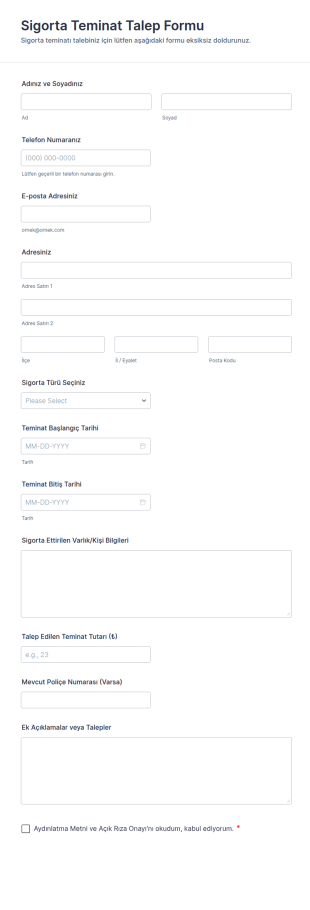 Sigorta Teminat Talep Form Şablonu