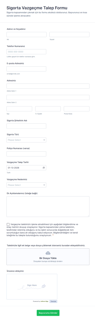 Sigorta Vazgeçme Talep Form Şablonu