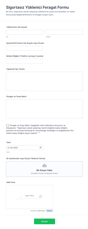Sigortasız Yüklenici Feragat Form Template
