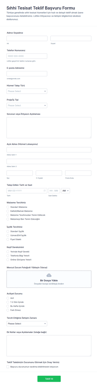 Sıhhi Tesisat Teklif Form Şablonu