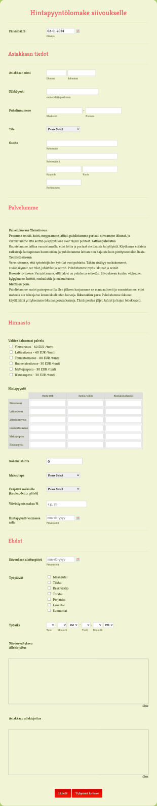 Siivouksen Hintapyyntö Form Template