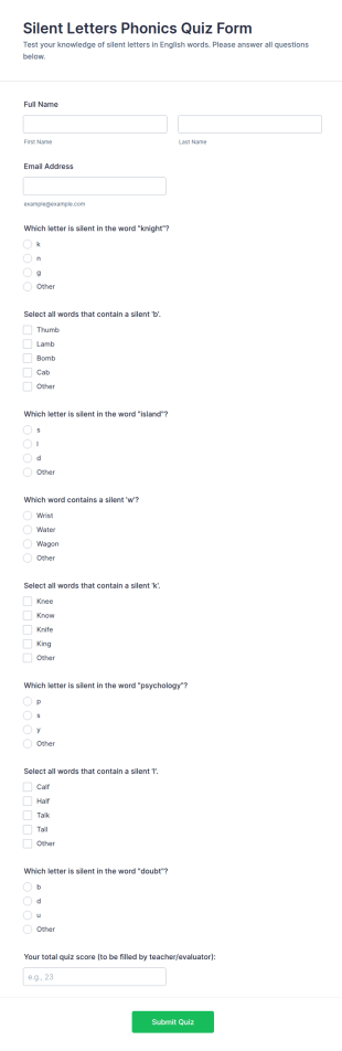 Silent Letters Phonics Quiz Form Template
