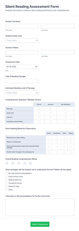 Silent Reading Assessment Form Template