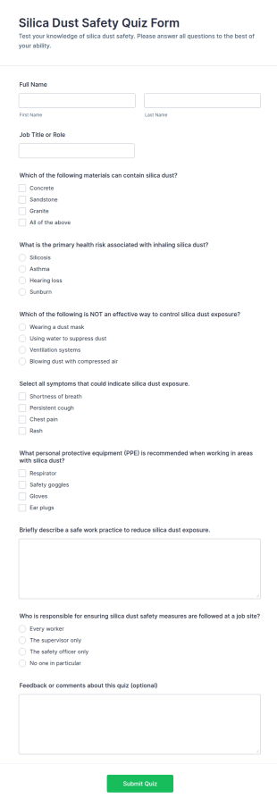 Silica Dust Safety Quiz Form Template