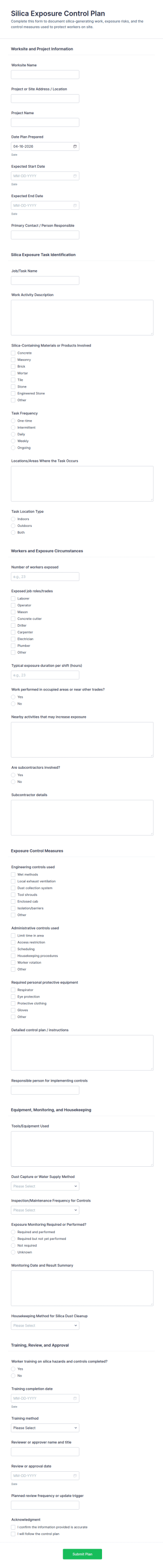 Silica Exposure Control Plan Form Template