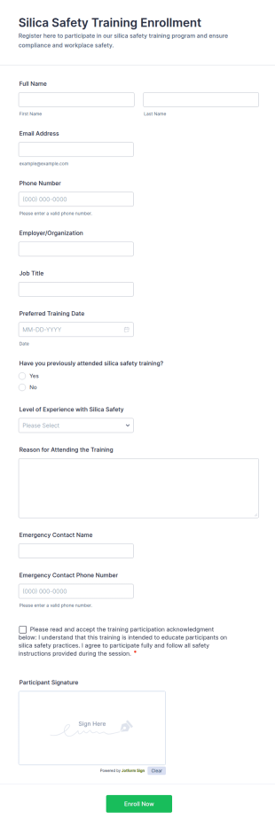 Silica Safety Training Enrollment Form Template