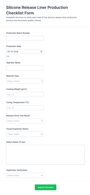 Silicone Release Liner Production Checklist Form Template