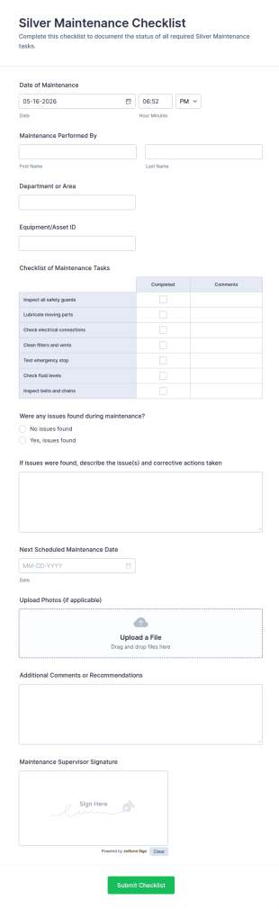 Silver Maintenance Checklist Form Template