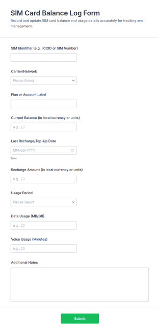 SIM Card Balance Log Form Template