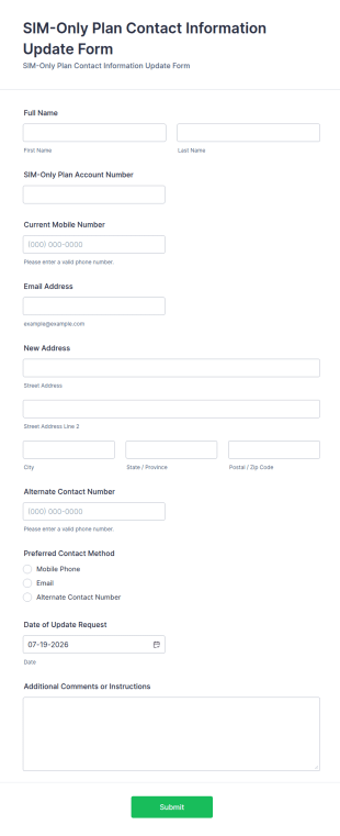 SIM Only Plan Contact Information Update Form Template