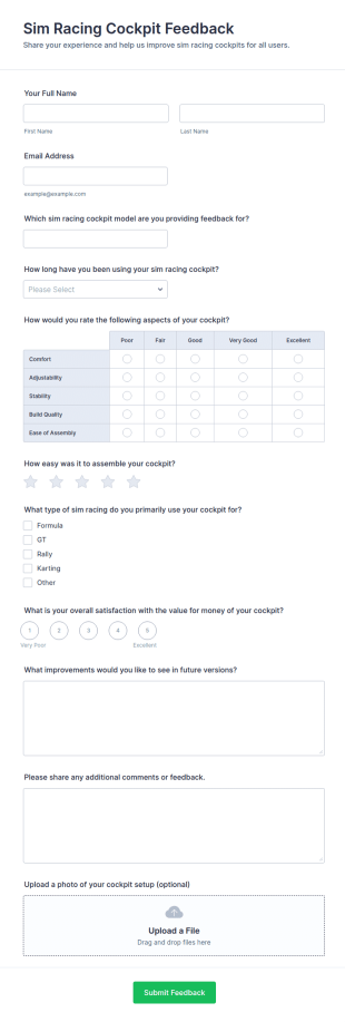 Sim Racing Cockpit Feedback Form Template