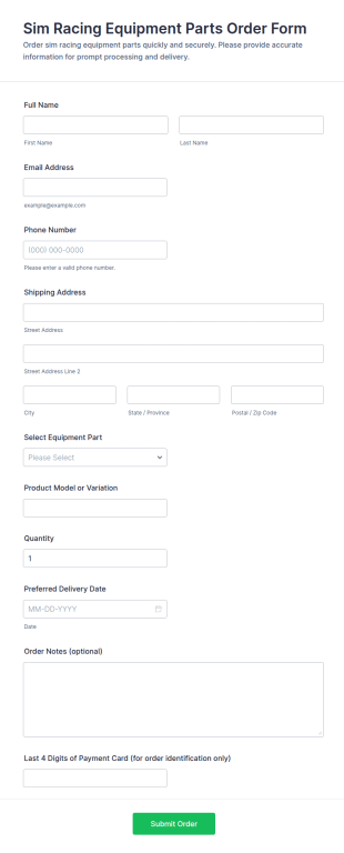 Sim Racing Equipment Parts Order Form Template