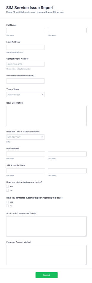 SIM Service Issue Report Form Template