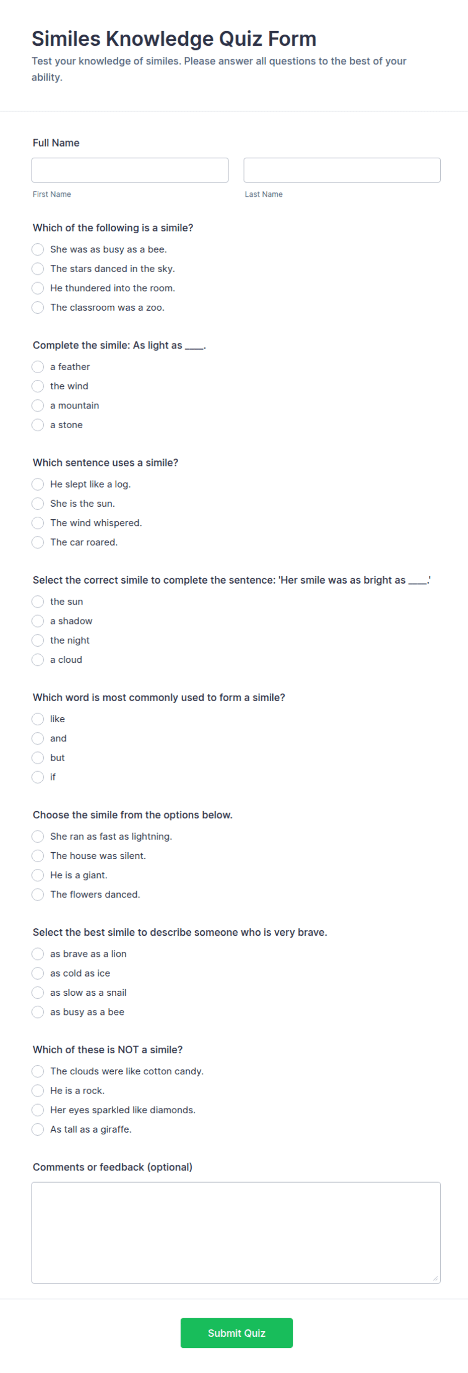 Similes Knowledge Quiz Form Template | Jotform