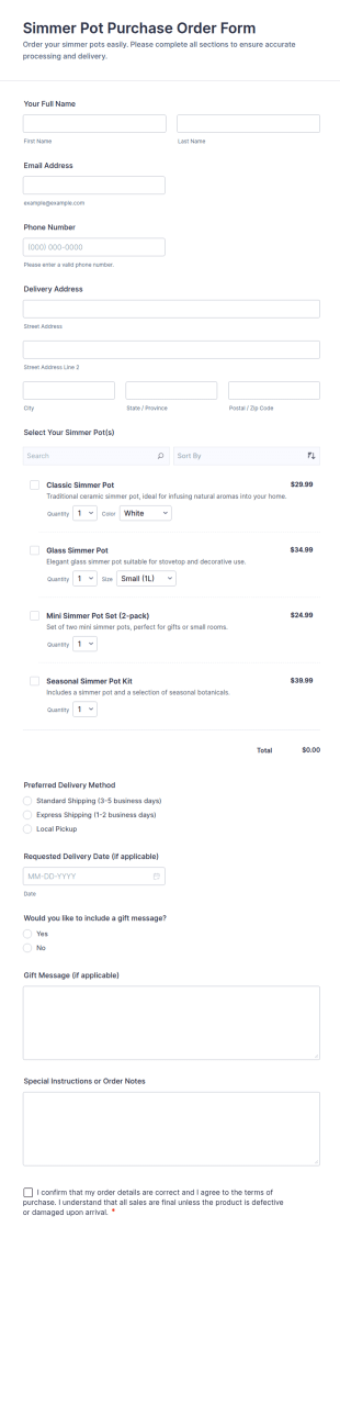 Simmer Pot Purchase Order Form Template