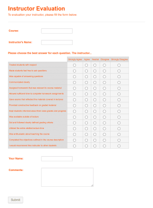 Simple Instructor Evaluation Form Template