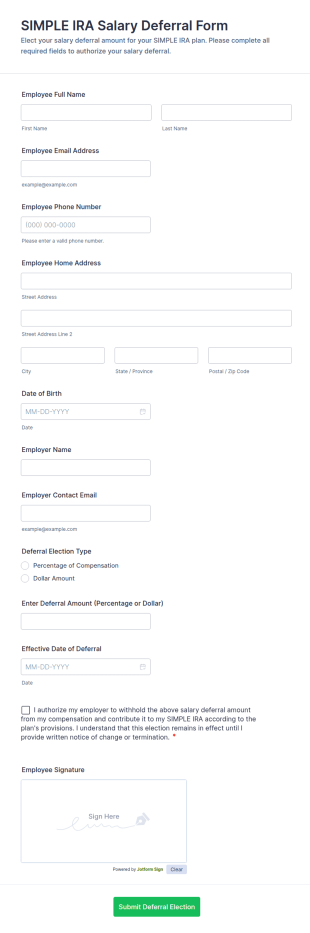 SIMPLE IRA Salary Deferral Form Template