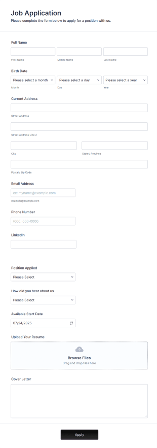 Simple Job Application Form Template
