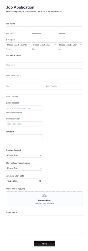 Simple Job Application Form Template