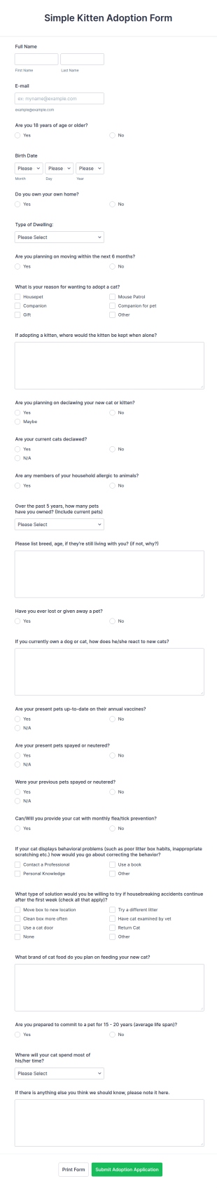 Simple Kitten Adoption Form Template
