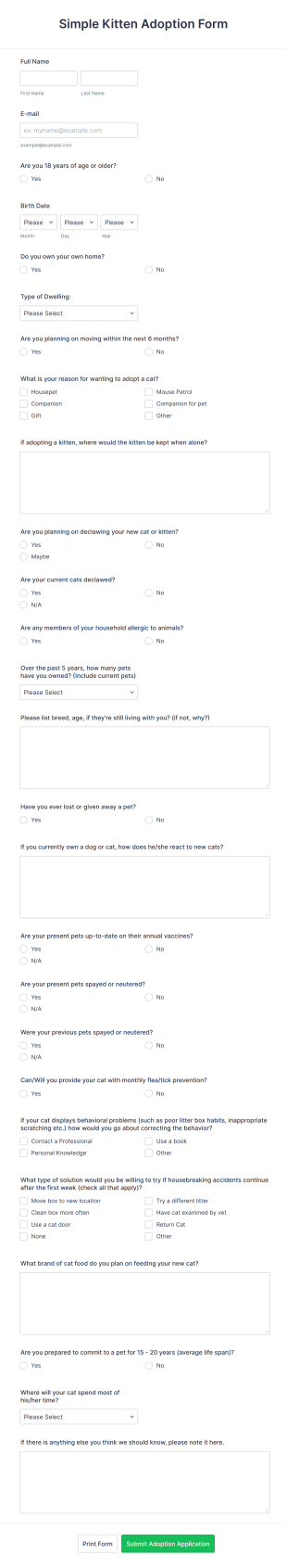 Simple Kitten Adoption Form Template