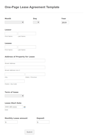 Simple One Page Lease Agreement Template Form Template