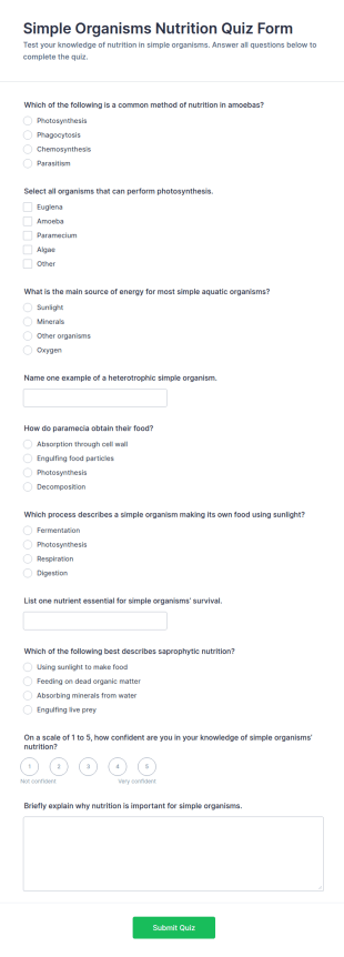 Simple Organisms Nutrition Quiz Form Template