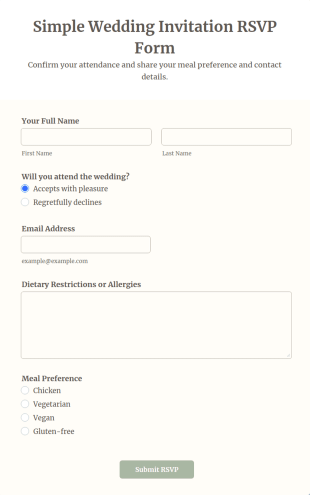 Simple Wedding Invitation RSVP Form Template