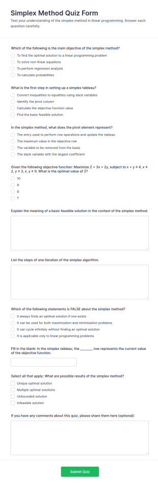 Simplex Method Quiz Form Template