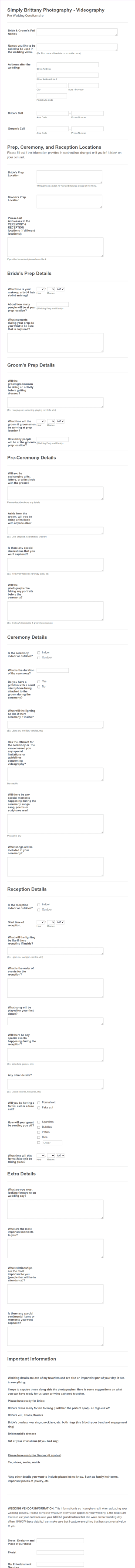 Simply Brittany Photography: Pre Wedding Questionnaire Form Template