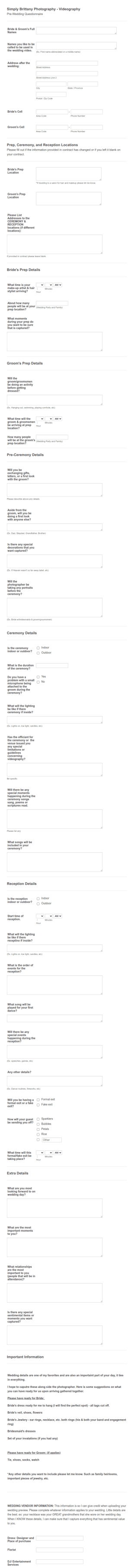 Simply Brittany Photography: Pre Wedding Questionnaire Form Template
