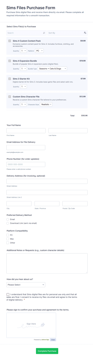 Sims Files Purchase Form Template