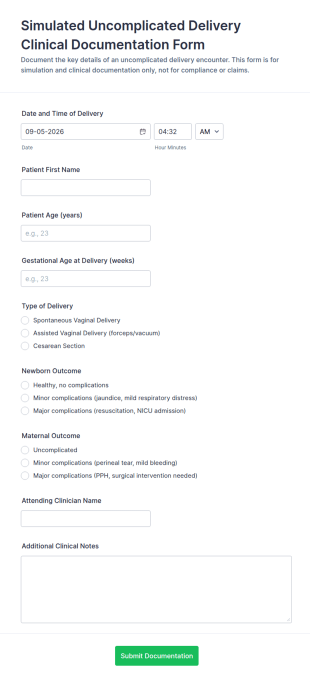 Simulated Uncomplicated Delivery Clinical Documentation Form Template