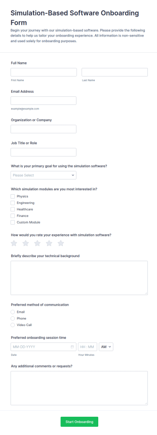 Simulation Based Software Onboarding Form Template