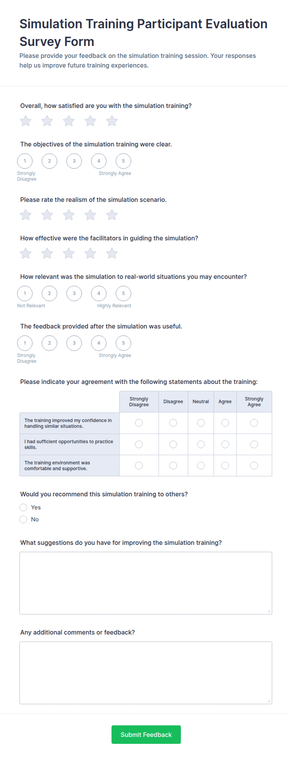 Simulation Training Participant Evaluation Survey Form Template | Jotform