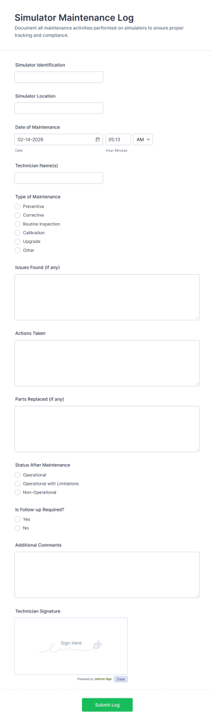 Simulator Maintenance Log Form Template