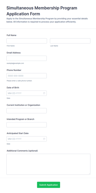 Simultaneous Membership Program Application Form Template